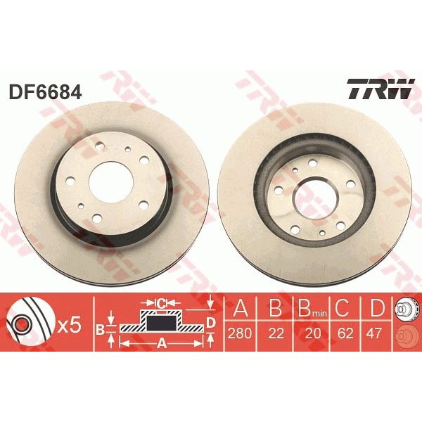 TRW DF6684 2x Brake Discs Pair Vented