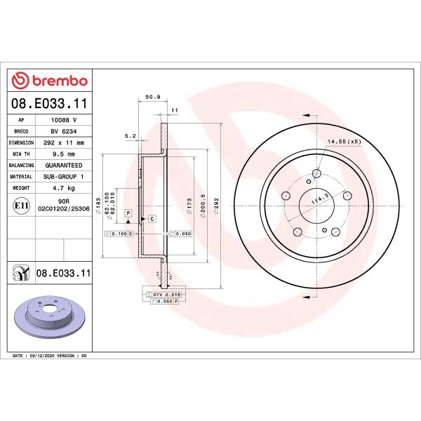 Brembo 08.E033.11 2x Brake Discs Pair Solid