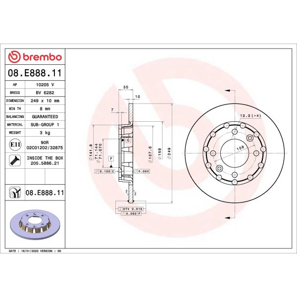 Brembo 08.E888.11 2x Brake Discs Pair Solid