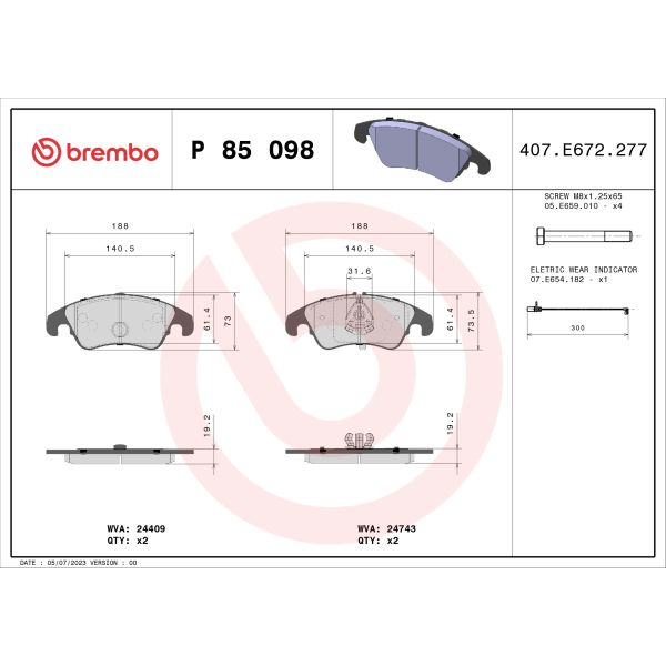 Brembo P85098X Brake Pads Set