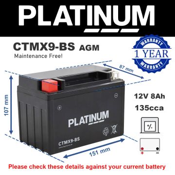 Platinum CTMX9-BS AGM Motorcycle Battery