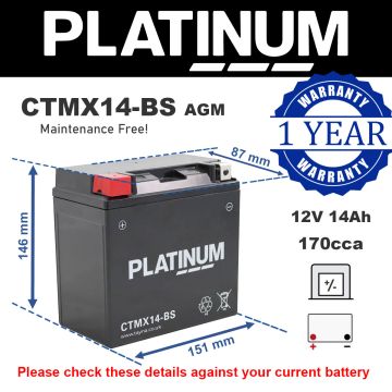 Platinum CTMX14-BS AGM Motorcycle Battery