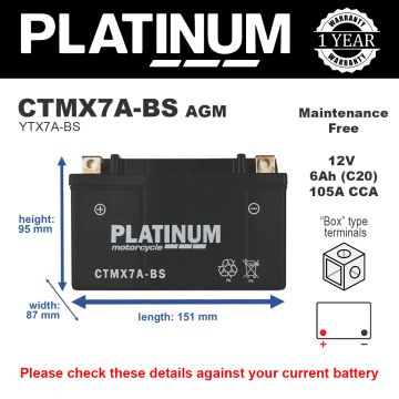 Platinum CTMX7A-BS AGM Motorcycle Battery