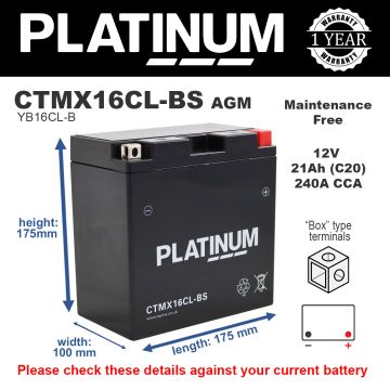 Platinum CTMX16CL-BS AGM Motorcycle Battery