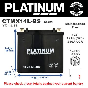 Platinum CTMX14L-BS AGM Motorcycle Battery