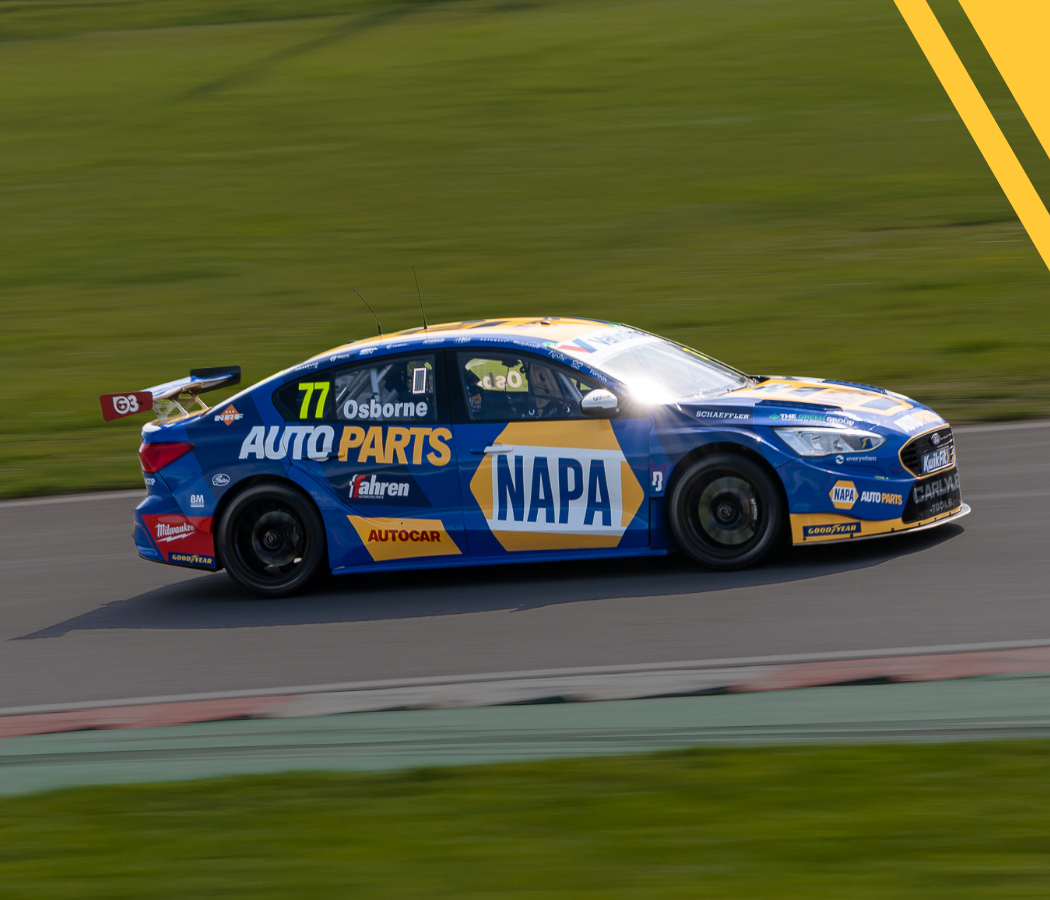 The NAPA Racing UK Ford Focus Saloon on track in the British Touring Car Championship 2026, driven by Sam Osborne